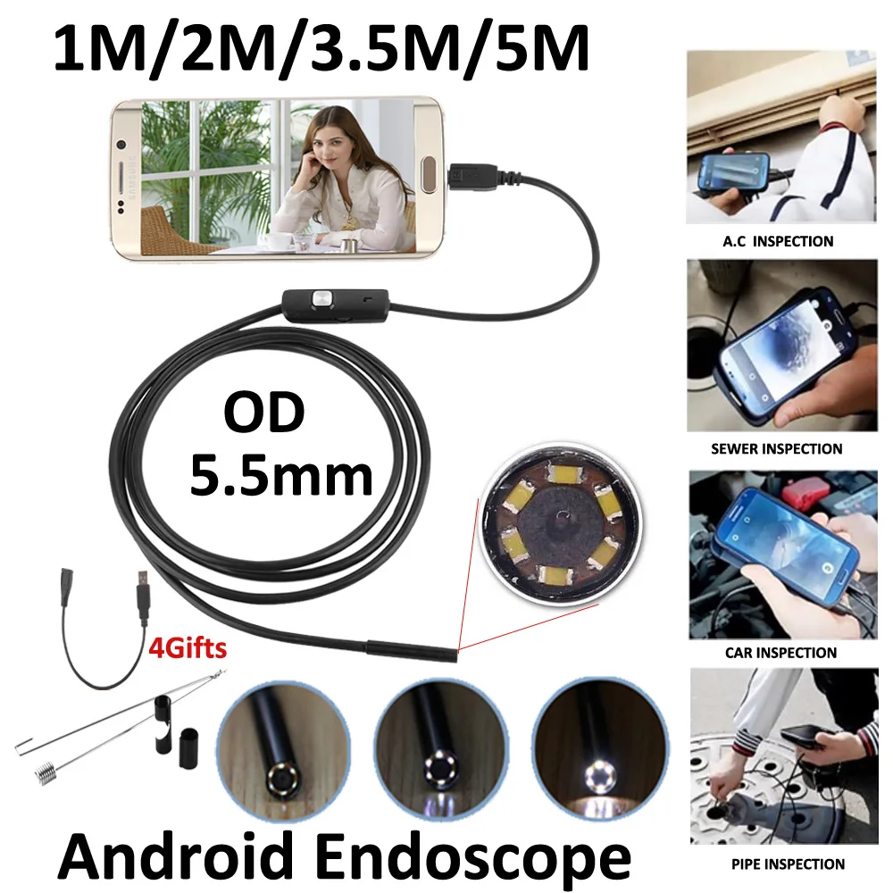 Prix 5.5mm Lentille MircoUSB Android OTG Caméra D endoscope USB 1 m 2 m 3.5 m 5 m Étanche Tuyau De Serpent l inspection Android USB Caméra Endoscopique