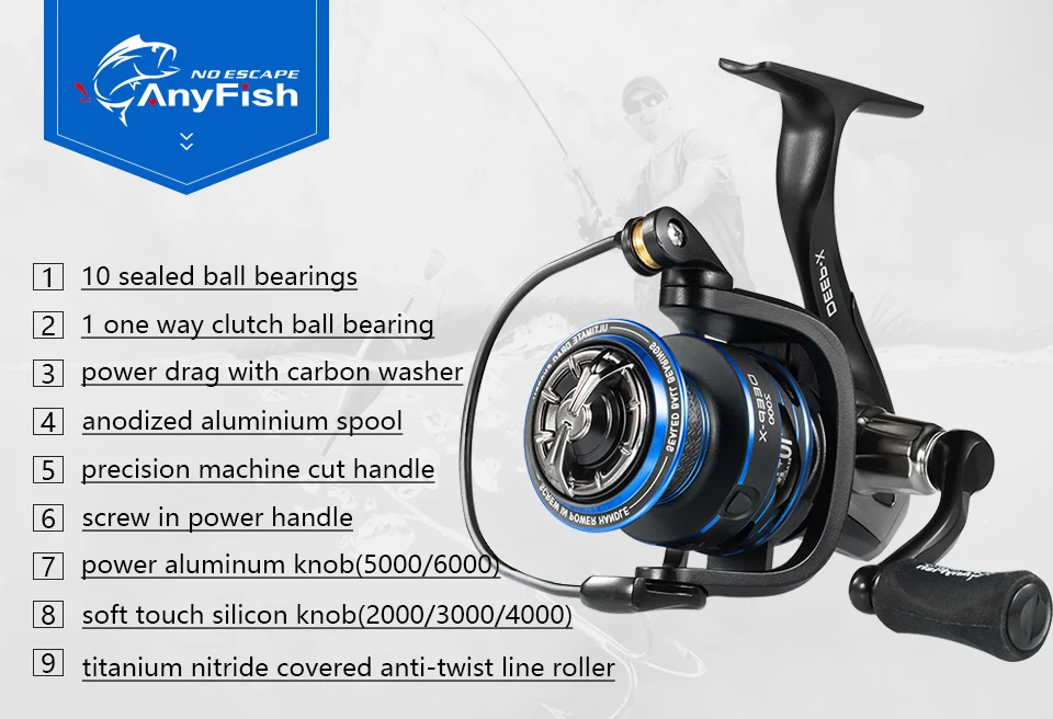 Carretel de Pesca Carretel de Pesca de Água 10 + 1 Anyfish Deep-x Spinning 3000 4000 5000 6000 Modelo Rolamentos Max Arrastar 6 kg 8 Rodas de Água Salgada 2000 - 3 Carretilhas de pesca