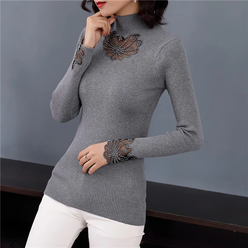 

2019 autumn New elastic half-high collar knitted shirt, lace embroidered dress sweaters FF3221-0740