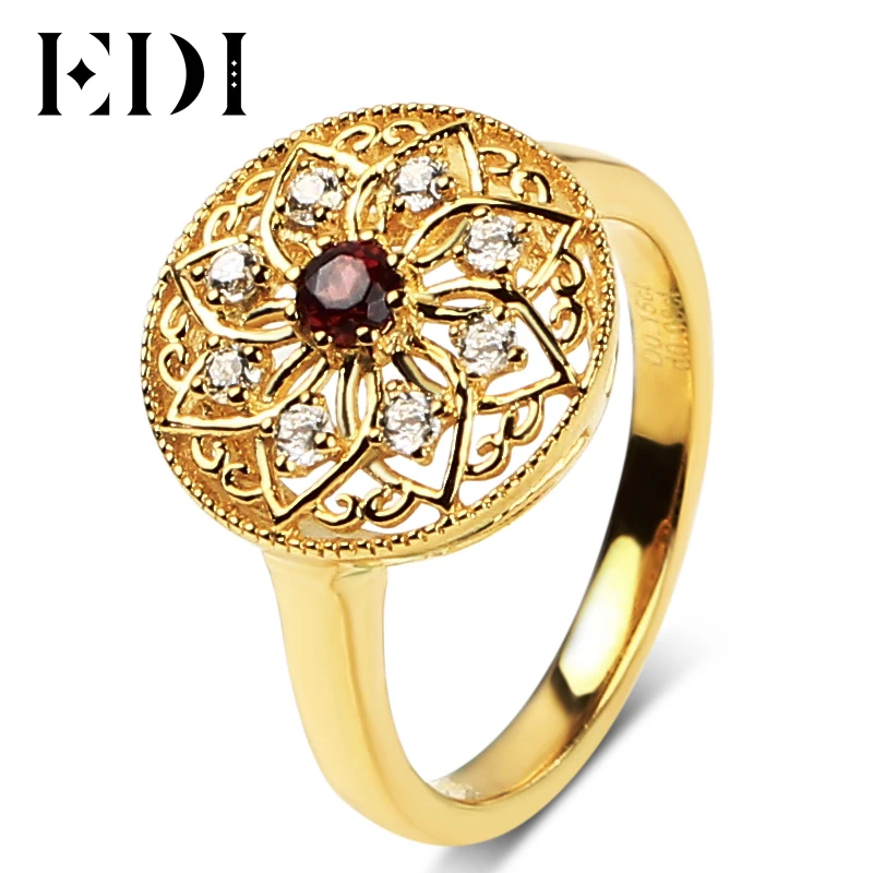 

EDI 925 Sterling Silver Rings Genuine 3mm Natural Garne Yellow Gold Plated For Women Wedding Fine Jewelry European Vintage