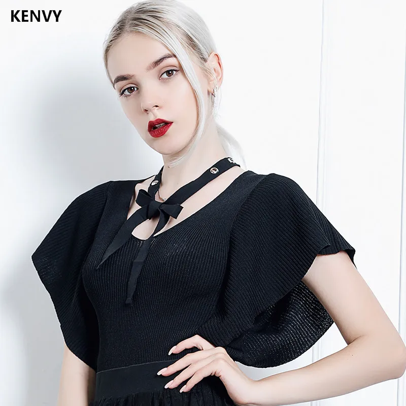 Cravate Gamme V De cou Chauve Chandail Dames Kenvy souris Luxe Manches Fold Marque Mode Haut Femmes Uqn88vXwA