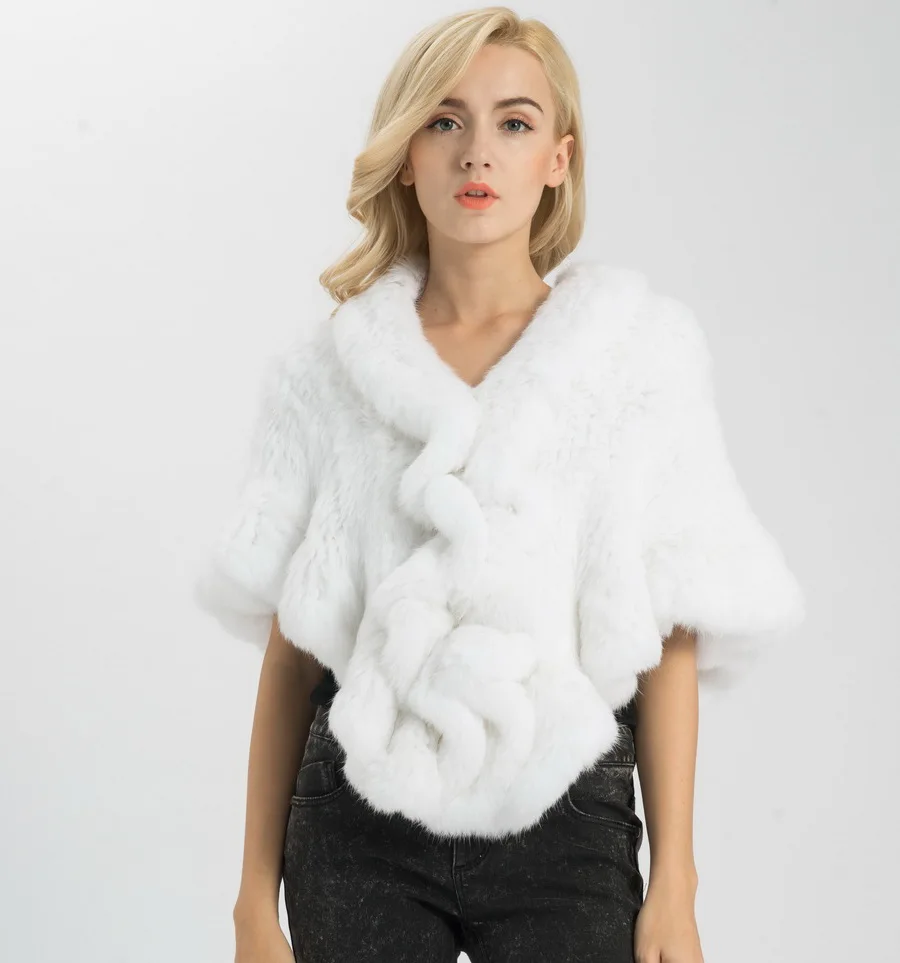 S1025 Wholesale Retail Thick Knitted Lady Real Rabbit Fur Poncho Or Women Fur Bride Shawl