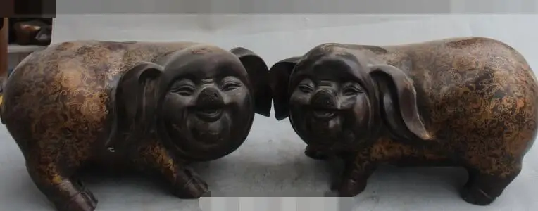 

S05943 10" China Fengshui Bronze Gilt Carving Auspicious Foo Fu Pig Animal Pair Statue discount 30% (C0324)