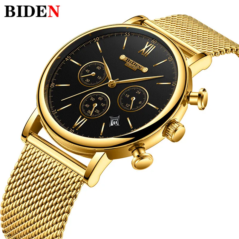 

Luxury Top Brand Watch Men Golden Mesh Steel Strap Chronograph Date Sport Mens Wristwatches Date Business Clock Relogio Feminino