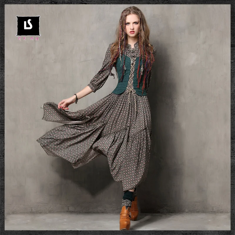 

Women 's Flower Dress 2017 Spring New Print Dress Ethnic Style Half Sleeves Big Dresses A6526 1 Piece Free Shipping