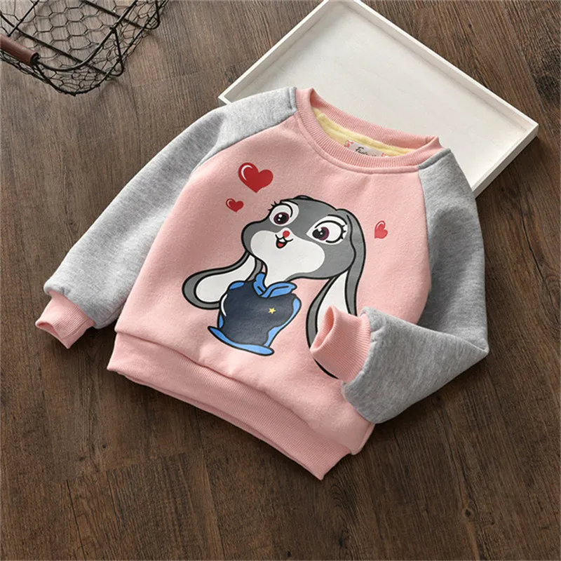 Зимнее пальто для маленьких девочек детская теплая толстовка; детская одежда с милым кроликом; аппликация Детская футболка для девочек; Новинка с героями мультфильмов, футболки для девочек, для малышей