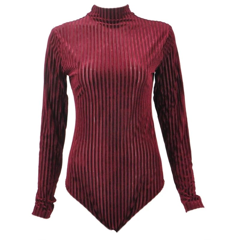 Women Slim Stand Collar Long Sleeve Velvet Bodysuit Solid Shirts Hot