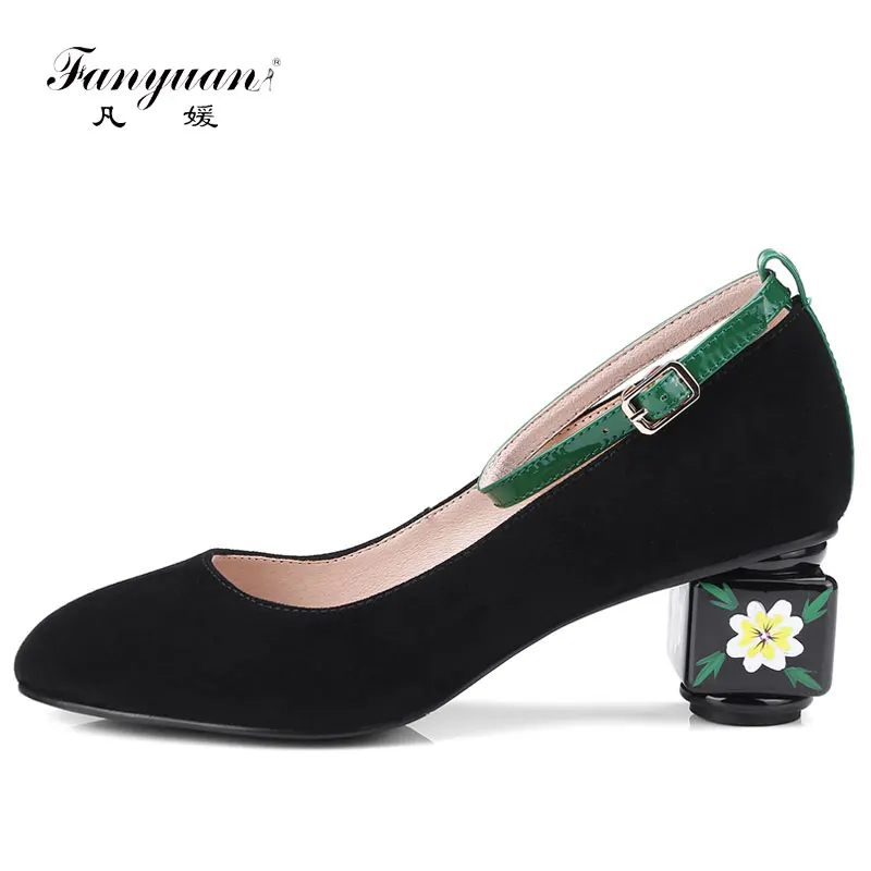 

Fanyuan 2018 Retro Style Print Strange Heel Women Ankle Strap Pumps Suede Leather Round Toe Elegant Ladies Party Shoes Pumps