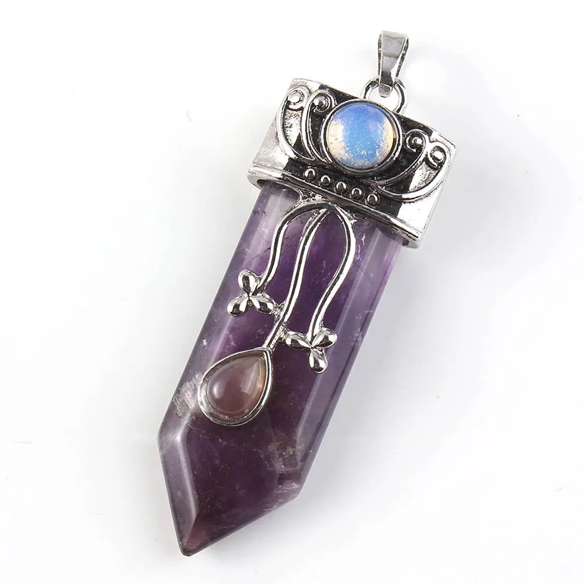 Natural Gnergy Gemstone~ Silver Plated Natural Purple Amethysts Crystal Rose Pink Quartz With Flower Sword Pendant Labradorite Jewelry 4 AA00201027101a