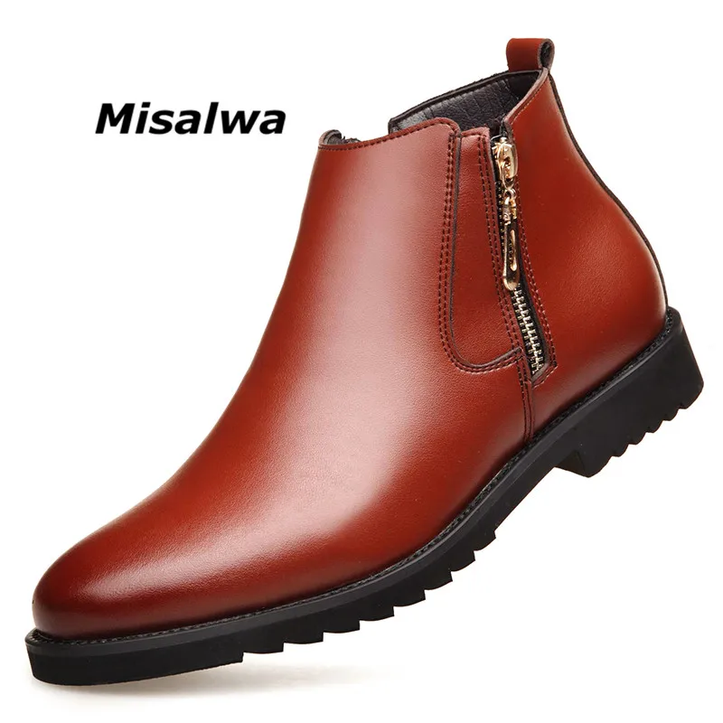 

Misalwa Short Ankle Zipper Men Chelsea Boots PU Leather Decent Short Plush Warm Winter Boots Anti-slip Male Formal Dress Boots