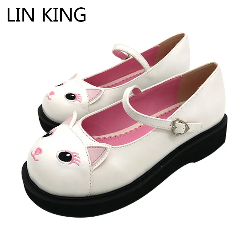 

LIN KING Fashion Ankle Strap Women Pumps Sweet Cat Lolita Shoes Low Heel Platform Shoes Round Toe Cosplay Party Princess Shoes