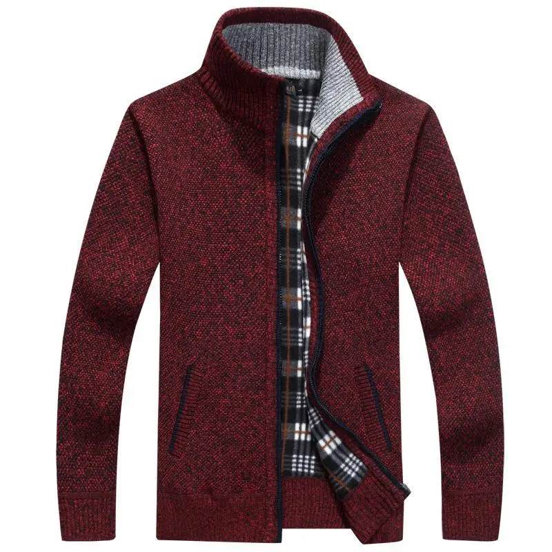 Мужская куртка осень весна зима стоячий воротник шерстяное пальто на молнии пуловер мужские повседневные трикотажные свитеры верхняя одежда - Цвет: Красный