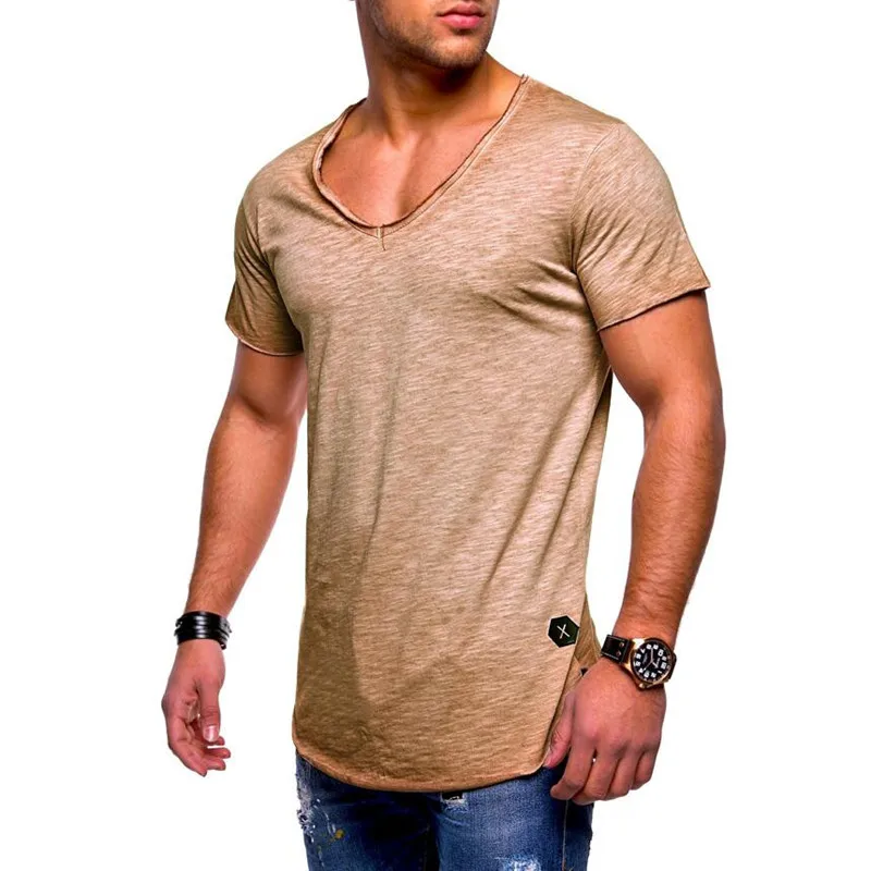 Мужские топы, футболки, поступление, глубокий v-образный вырез, короткий рукав, Мужская футболка, облегающая футболка, Мужская облегающая Повседневная летняя футболка, camisetas, Размер 3XL - Цвет: V1  khaki