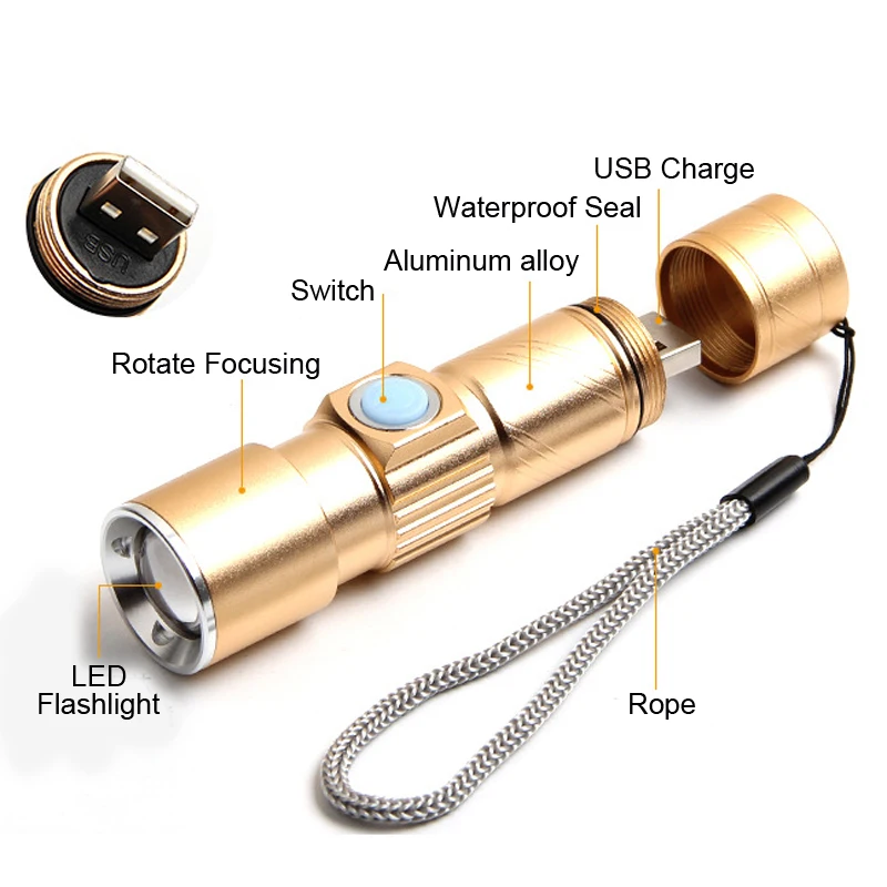 Gold USB Rechargeable LED Flashlight 5W Zoomable CREE 1000LM Waterproof Lanterna LED Torch Built