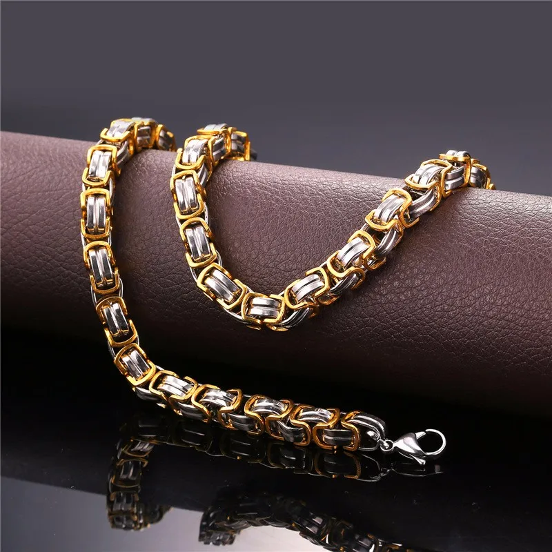 

Collare Hippie Thick Chain Stainless Steel Motorcycle Necklace Gold/Black Color Flat Byzantine Chain Men Biker Jewelry N205