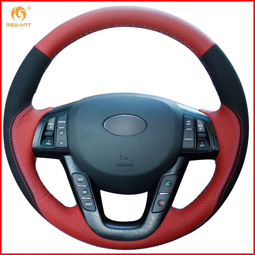 MEWANT Red Genuine Leather Black Suede Car Steering Wheel Cover for Kia