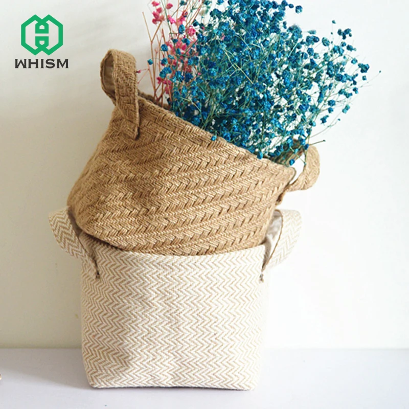 

WHISM Folding Storage Basket Retro Sack Cotton Linen Bags Grocery Basket Mini Desktop Storage Bag Box Handle Jute Hanging Bags
