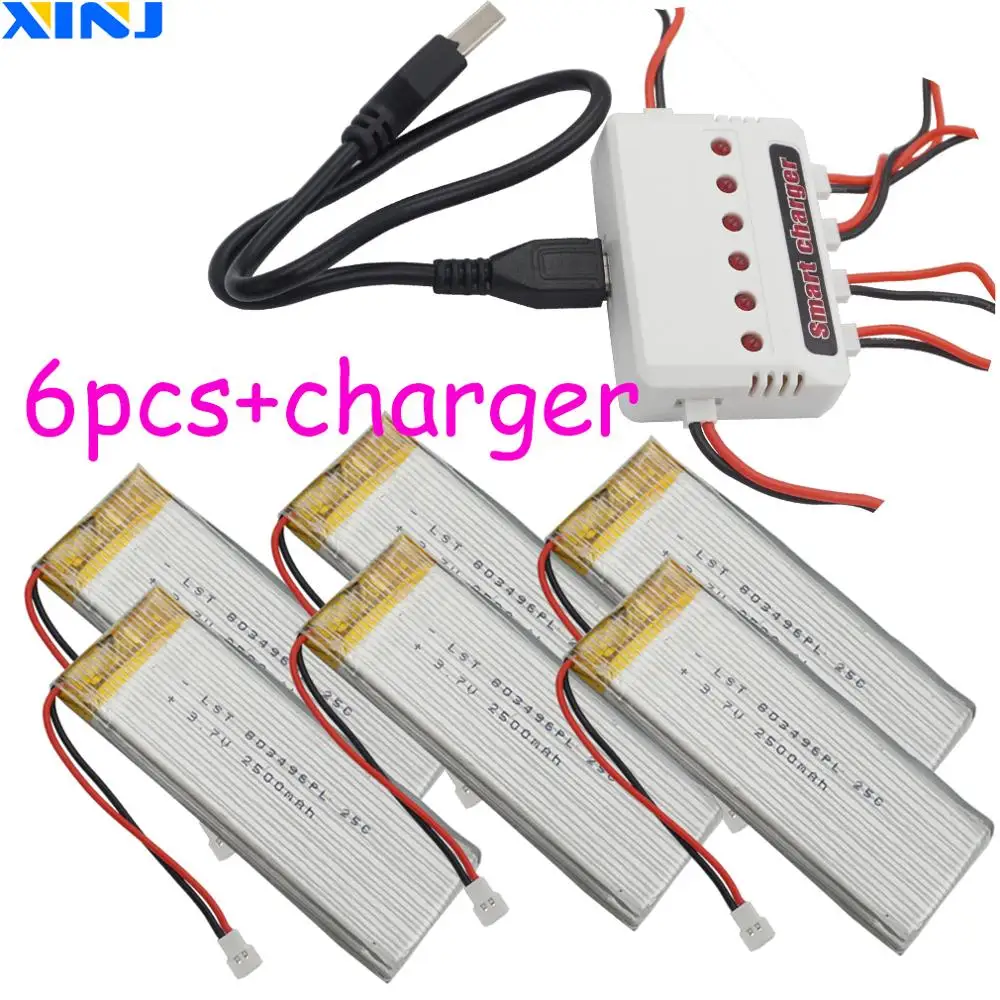 

XINJ 6pcs+charger 3.7V 2500 mAh 25C Rechargeable Li-Polymer Lipo battery 803496 for RC Toys RC boat Toys Ship RC Model Vehicles