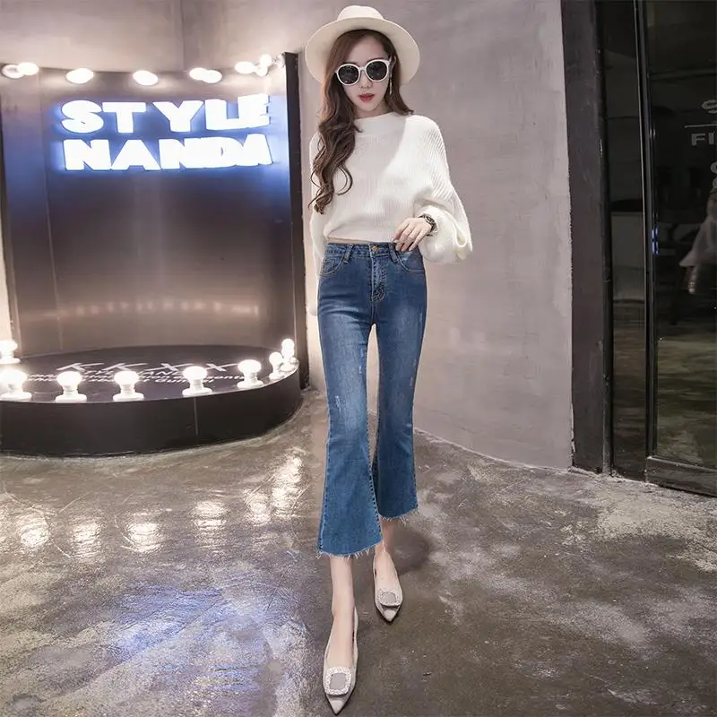 

2017 summer women's casual loose elastic waist holes ripped jean denim drop crotch cross harem Capris leggings