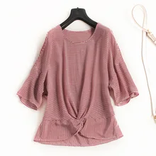 Модные Шелковые куртка летние новые свободные рукав реглан рукава тонкий полосатый футболка Женские 2377