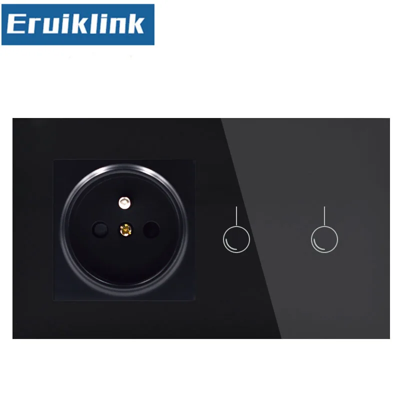 Eruiklink 16A Европейская стандартная настенная розетка с выключателем, светильник AC220~ 250 В, белая кристальная стеклянная панель, настенный сенсорный выключатель - Цвет: 2gang switch socket