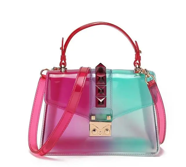 Прозрачная седельная сумка для женщин, модные желеобразные сумки с заклепками, сумочка со вставками, цветные женские сумки, женская сумка на плечо - Цвет: Red green