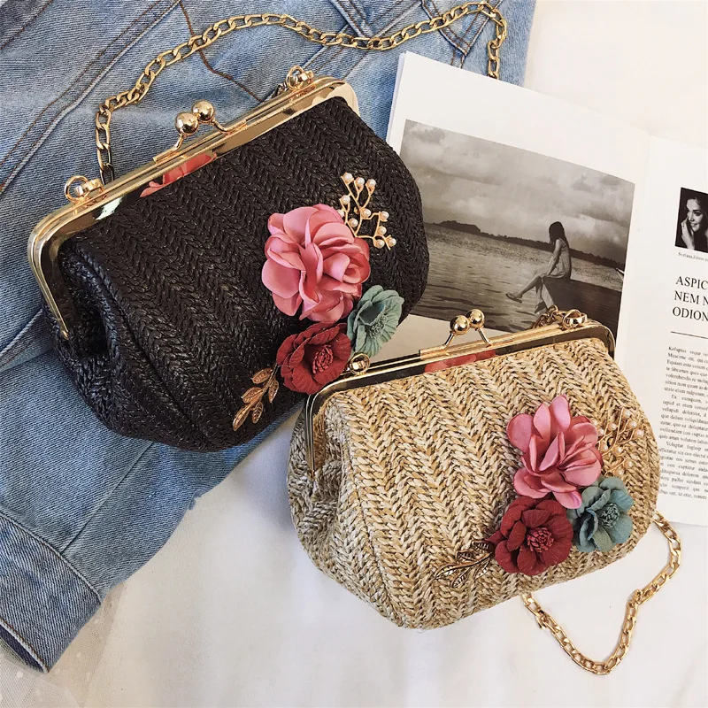 

Female Straw Beach Bag Crossbody Bags For Women 2019 Summer Wicker Designer Handbag Ladies Rattan Flowers Shoulder Messenger Bag