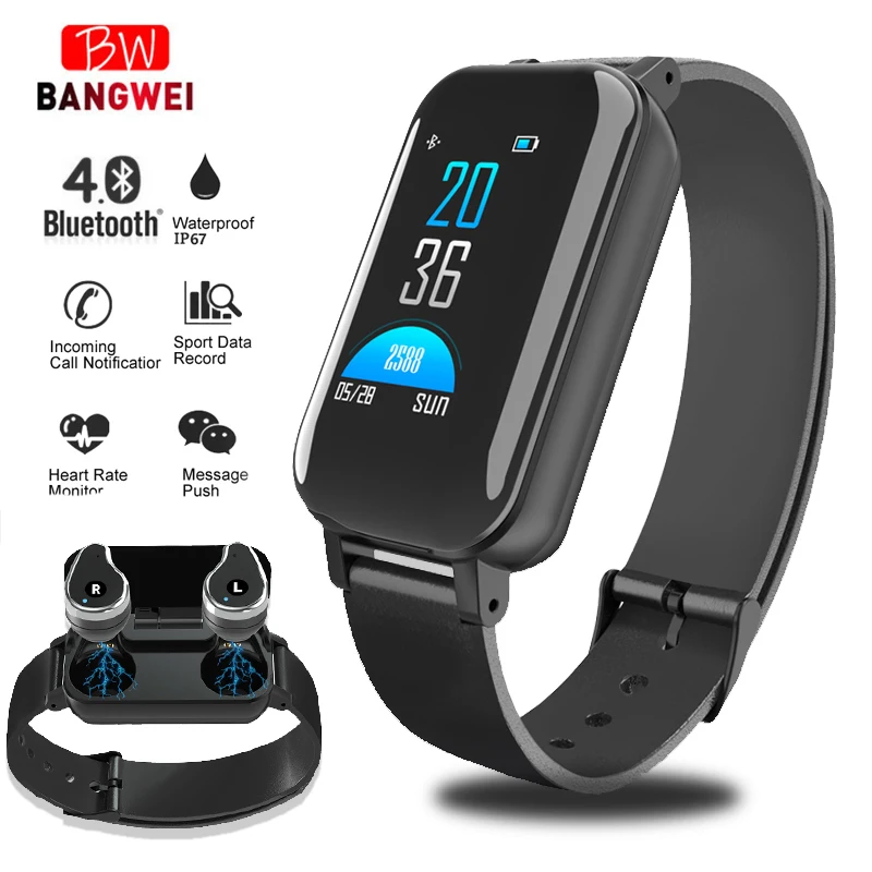 

BANGWEI 2019 New TWS Smart Binaural Bluetooth Headphone Fitness Sport watch Wristband Heart Rate Monitor Smart Watch Men Women