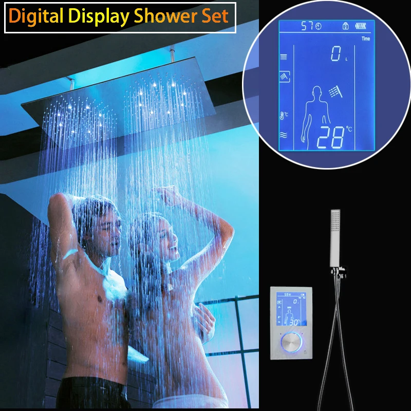 

Touchscreen Intelligent Shower Set Digital Display Shower Head LED Rainfall Double Shower Panel 30*60cm Thermostat Bath Faucet