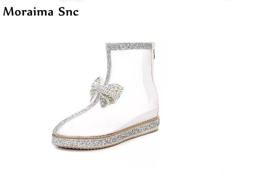 

Moraima Snc 2018 Newest women shoes round toe transparent net vamp bling butterfly-knot Decoration Sexy female Ankle Boots