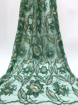 

2019 New French Net Lace Fabric Green Gold Latest African Guipure Lace Fabric With Embroidery Mesh Tulle Sequins Lace Fabric