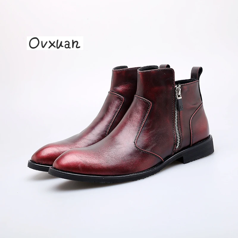 

Ovxuan Chelsea Boots Genuine Leather Handmade Pointed High Top Brogue Business Formal Dress Men Shoes Office Wedding Mens Shoes