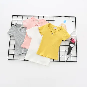 

Hot Baby Kids Girls Short Sleeve T-Shirt Solid Color Hollow V-Neck Tops Children's Cotton Clothing