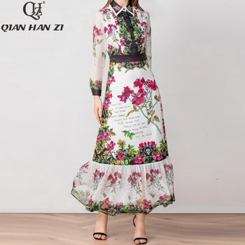 

Qian Han Zi newest Fashion Runway Maxi dress Women's Long Sleeve Letters Floral Print Beading Slim Ruffled Elegant Long Dress
