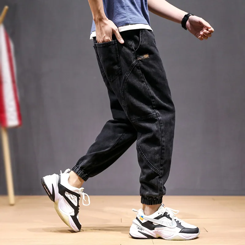 Streetwear Fashion Men Jeans Loose Fit Gray Denim Cargo Pants Spliced Designer Hip Hop Harem Pants Slack Bottom Jogger Jeans Men