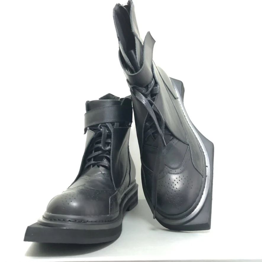 

2019 New Handmade BLack Leaher Mens Boots Geometric Sole rick Chunky Mens Motorcycle RO Cool Shoes