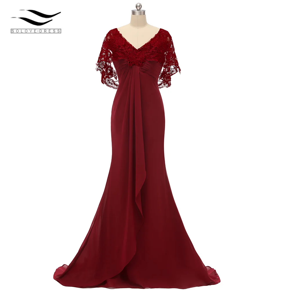 

Women's Lace Chiffon V Neck V Back Floor Length Mother Of the Bride Dress Elegant A line Evening Gown Vestido De Festa SLD-S016