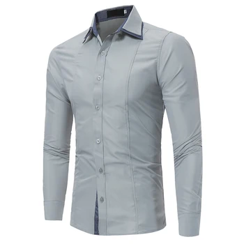 

Brand 2018 Fashion Male Shirt Long-Sleeves Tops Double Collar Sleeves Patch Casual Mens Dress Shirts Slim Men Shirt