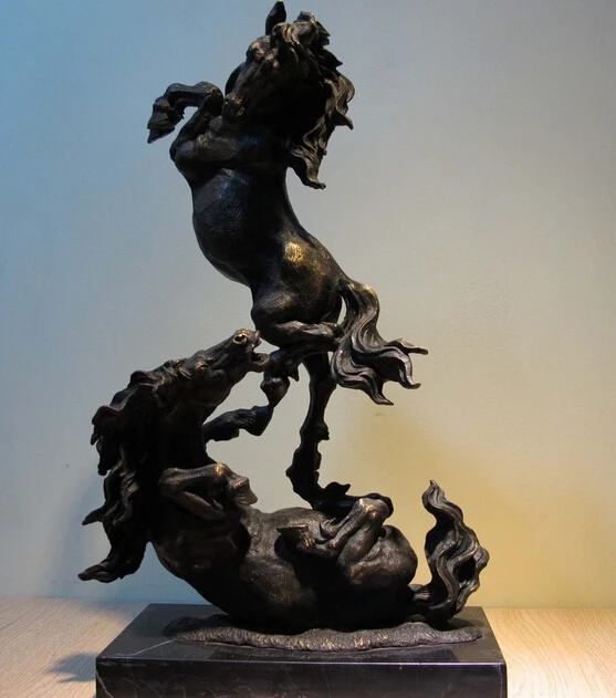 

150401 S0003 Western Art Decor Bronze Sculpture Animal Two Horse Marble Base Statue Figurine discount 30% (C0324)