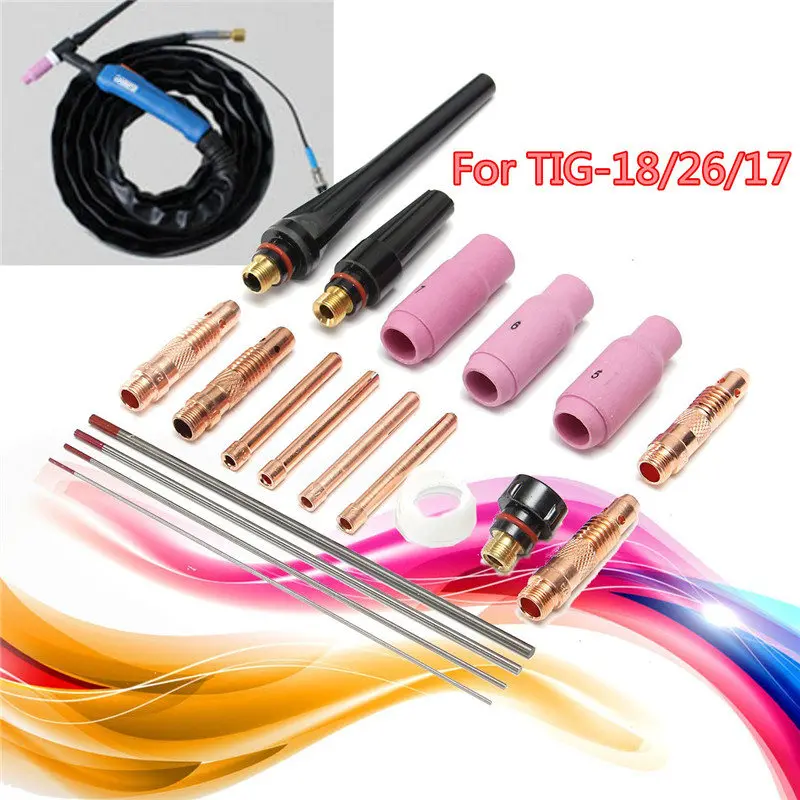 

19Pcs TIG Welding Torch Nozzle Cups Collets Body Kit with Tungsten Electrodes For Welding Torch WP-17/18/26