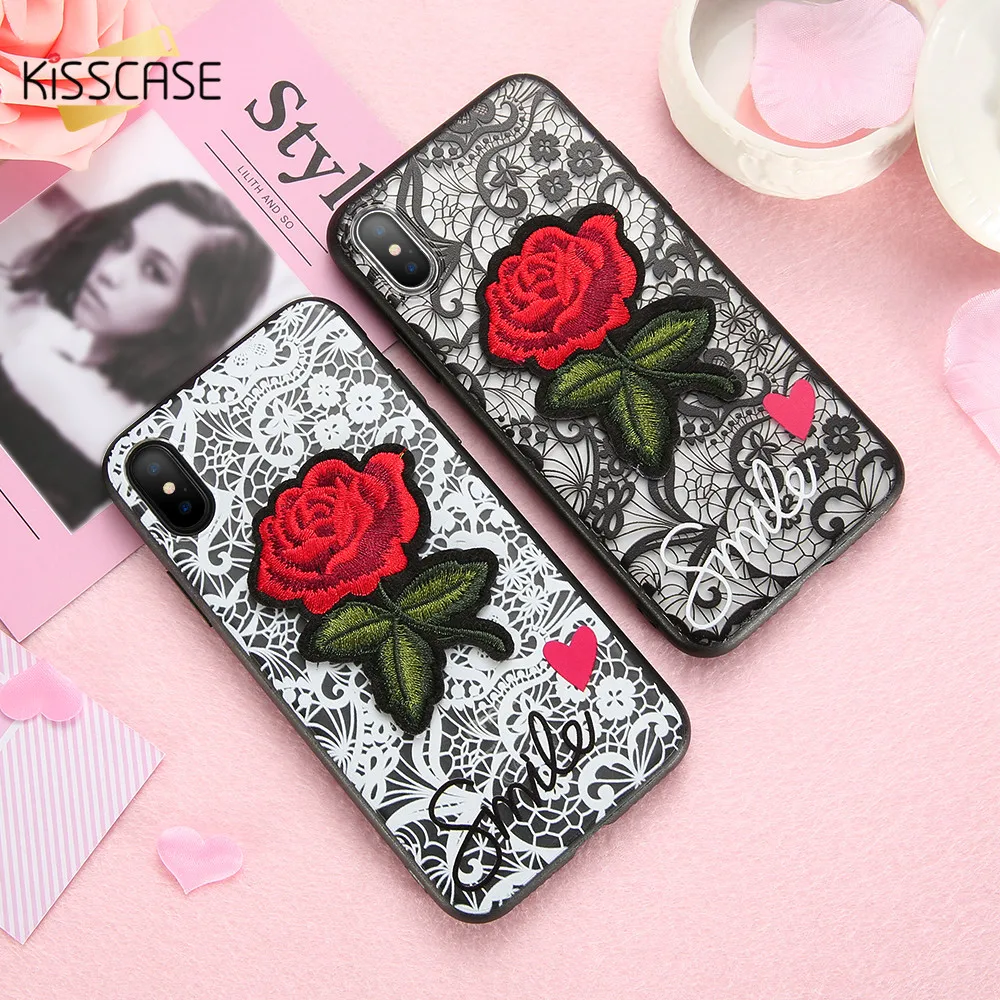 KISSCASE Emboss Case For iPhone 6 7 8 Plus Lace Transparent Red Rose Cover 6S Phone Bag for X Fundas |