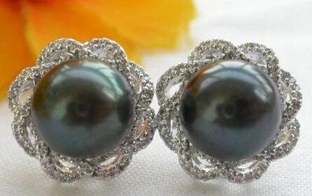 

hot sell new - free shipping 13377 New Style AA++11MM black ROUND PEARL mount SILVER Earring