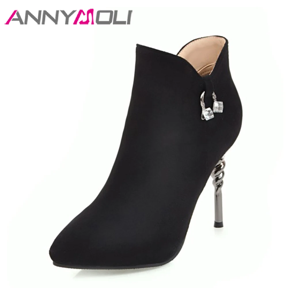 

ANNYMOLI Shoes Women Ankle Boots Crystal Sexy High Heels Boots Winter Female Short Boots Spring 2018 Big Size 33-43 Red Black