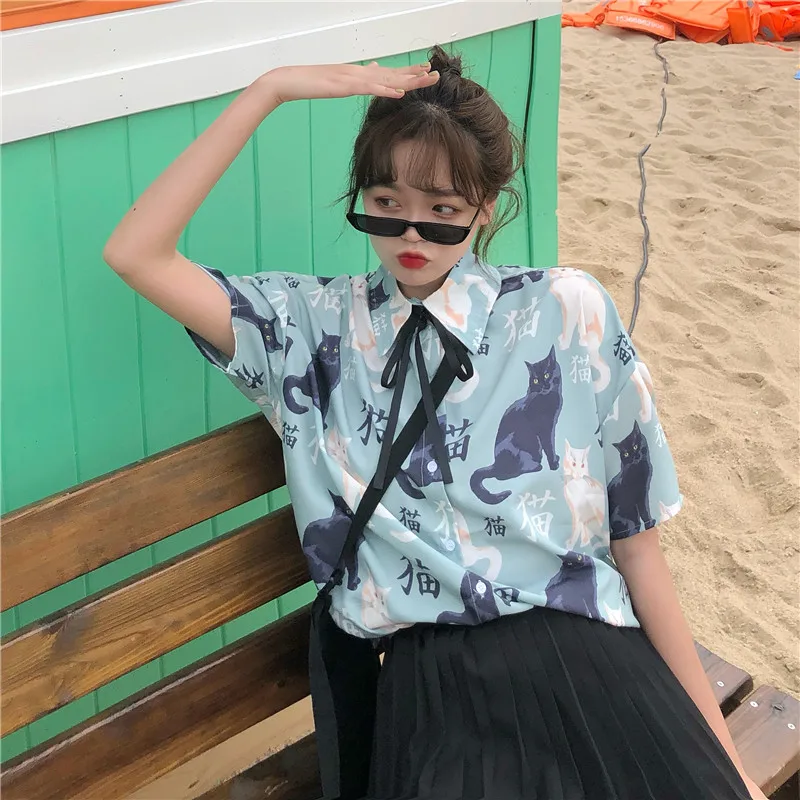 Harajuku кошка печати кружева с коротким рукавом рубашки женские летние Kawaii Ulzzang