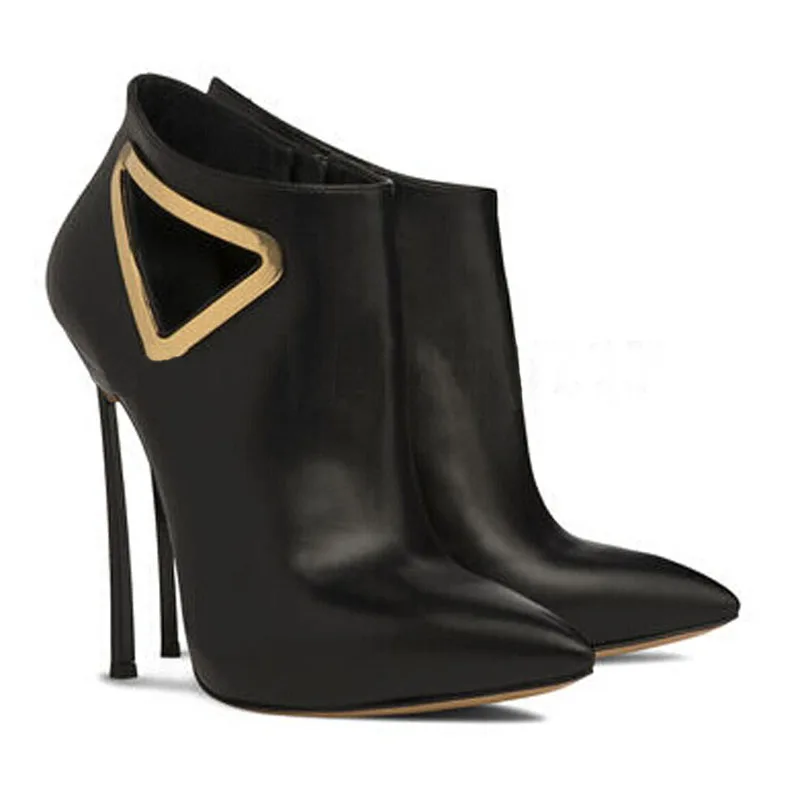 

Concise Style Spring Autumn Ankle Boots Metal Triangle Design Zipper Pointed Toe High Heels Black Leather Woman Party Shoes