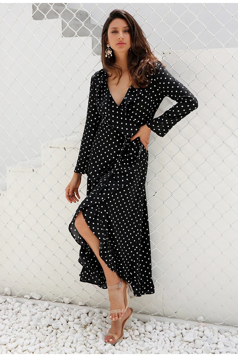 Black Polka Dot Split Long Sleeve Ruffle Wrap Long Dress