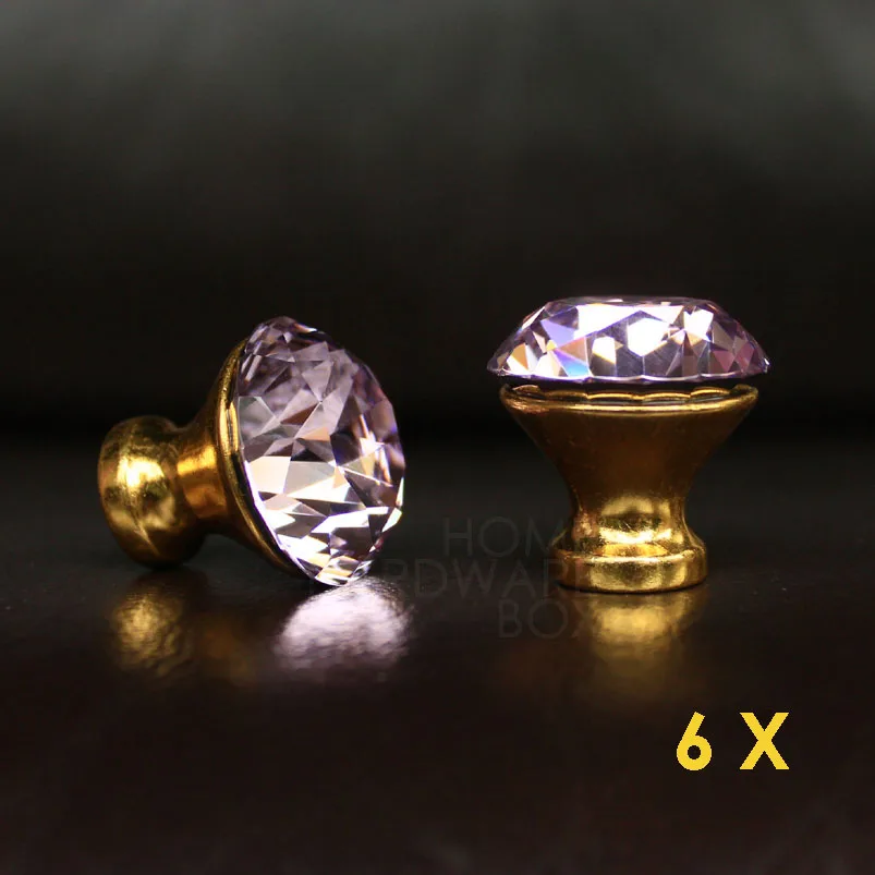 6 pcs pink crystal glass golden base drawer knobs handle pulls