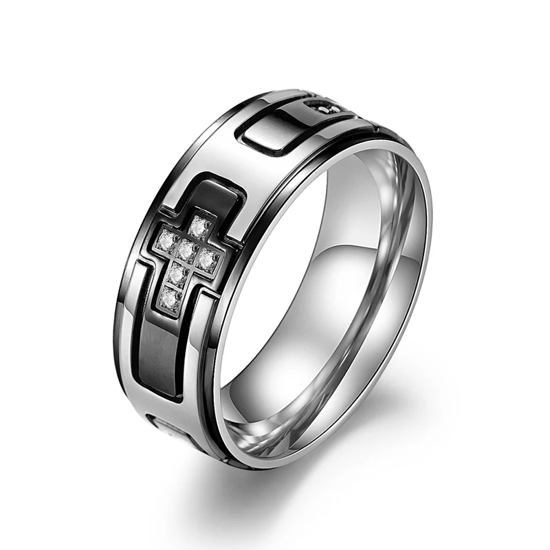 

8mm width Religious Faith Ring Black Gold Color Stainless Steel Vintage Ring Zirconia Stone Cross Ring for Men