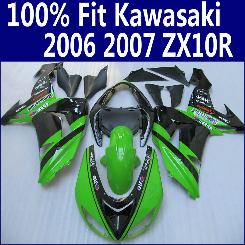 100% подходит для Kawasaki Обтекатели Ninja ZX 10R 2006 2007 Зеленый Черный ABS обтекатель