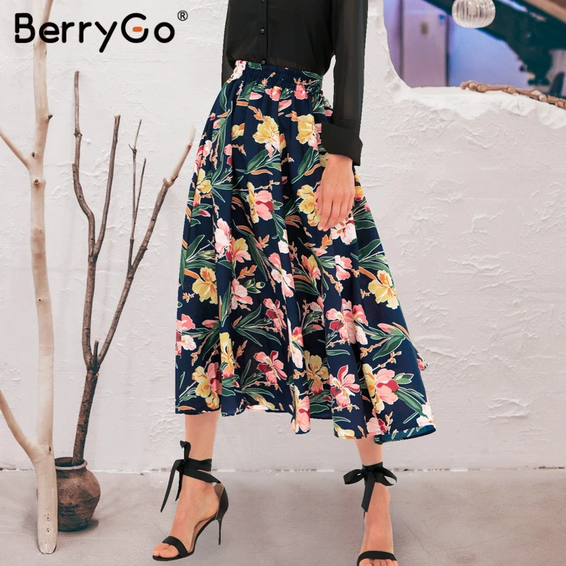 BerryGo Женская юбка Boho рубашки с цветочным принтом эластичная высокая талия Нижняя